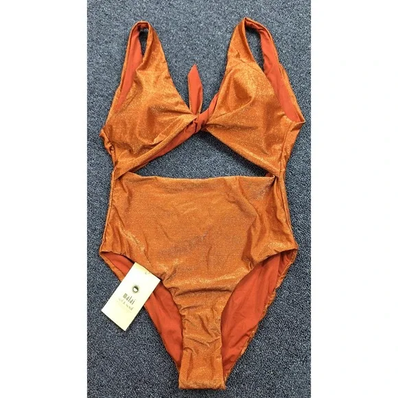 Malai Women Copper Bronze Metallic Shimmer Cutout One Piece Swimsuit Large NEW - Picture 3 of 9